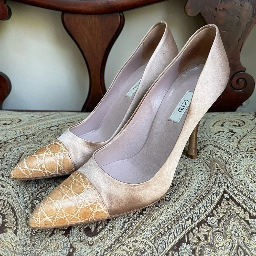 Prada Satin Blush Pink Snake Skin Toe Raso Heels Cocco Cammeo Cipria Size 7 COA